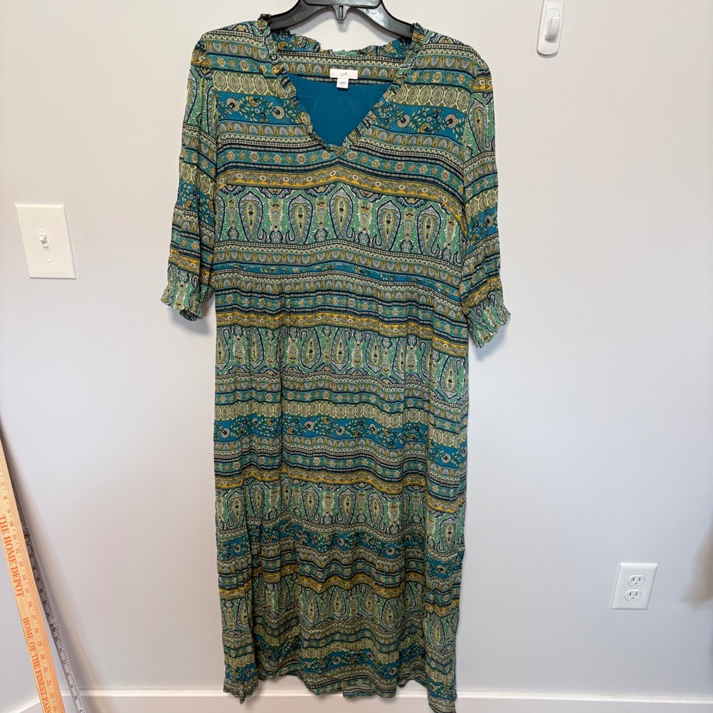 J. Jill Boho‎ Paisley Maxi Dress Womens Teal Size S Rayon V-Neck 3/4 Sleeve